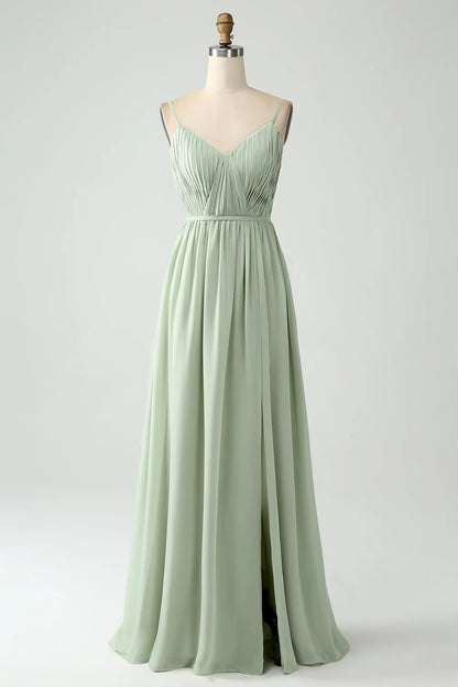 A-Line Chiffon Spaghetti Straps Long Bridesmaid Dress with Slit