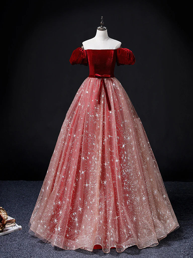 A-Line Ball Gown Quinceanera Dresses Princess Dress Tulle Long Prom Dress Burgundy Sweet 16 Dress