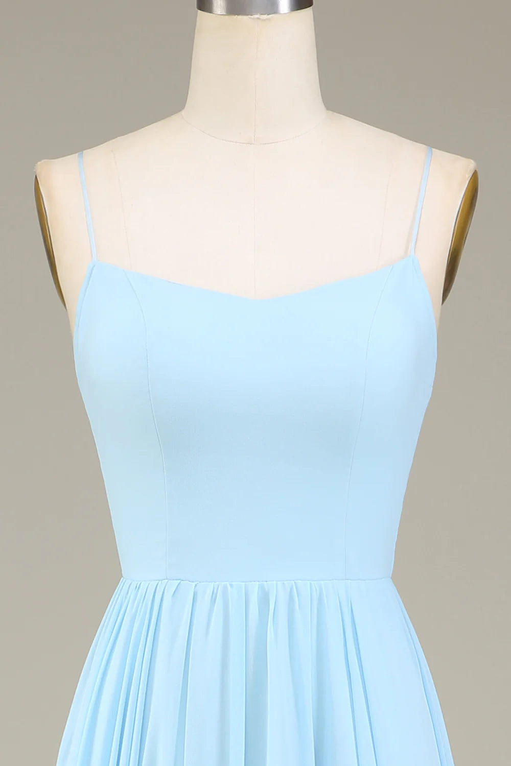 A-Line Pleated Spaghetti Straps Sky Blue Chiffon Long Bridesmaid Dress