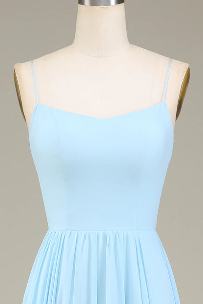 A-Line Pleated Spaghetti Straps Sky Blue Chiffon Long Bridesmaid Dress