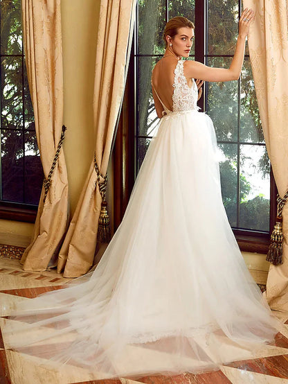 Wedding Dresses V Neck Chapel Train Lace Tulle Regular Straps See-Through with Appliques