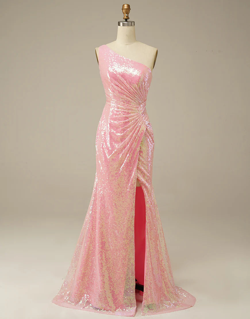 One Shoulder Sleek Glittering Sparkle Sheath Stunning Prom Dress