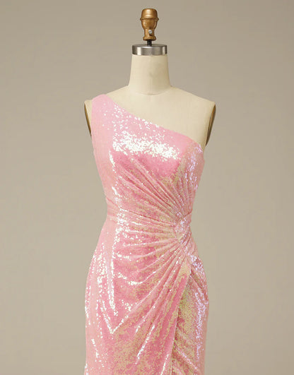 One Shoulder Sleek Glittering Sparkle Sheath Stunning Prom Dress
