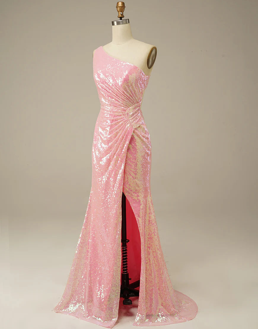 One Shoulder Sleek Glittering Sparkle Sheath Stunning Prom Dress