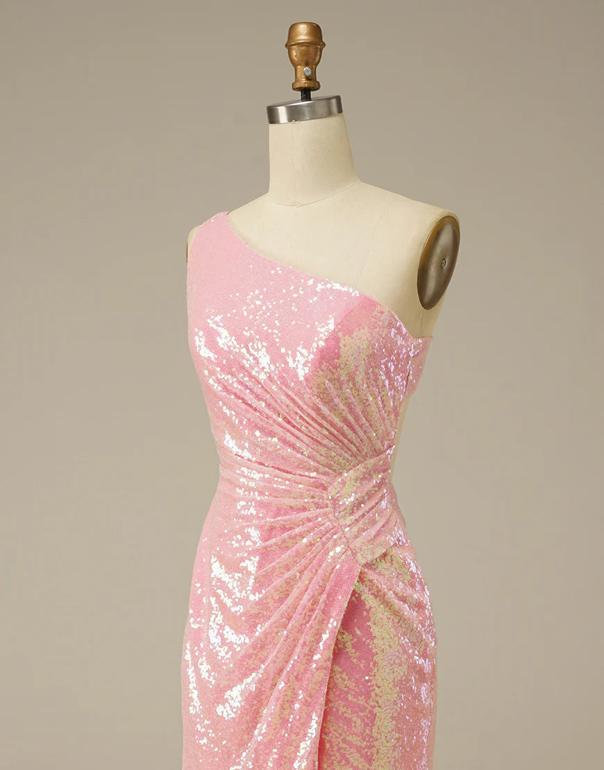 One Shoulder Sleek Glittering Sparkle Sheath Stunning Prom Dress