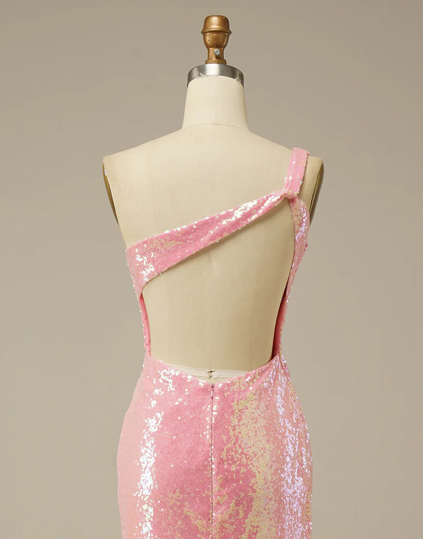 One Shoulder Sleek Glittering Sparkle Sheath Stunning Prom Dress