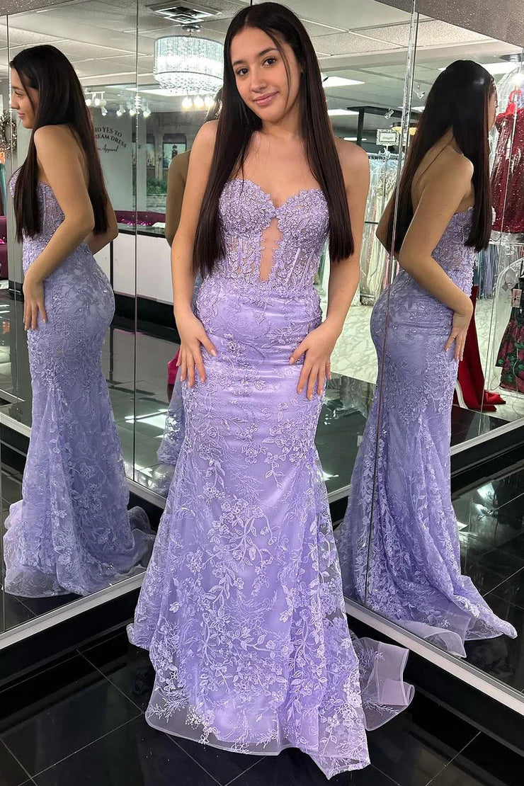 Mermaid Strapless Sweetheart Light Purple Long Prom Dresses with Appliques