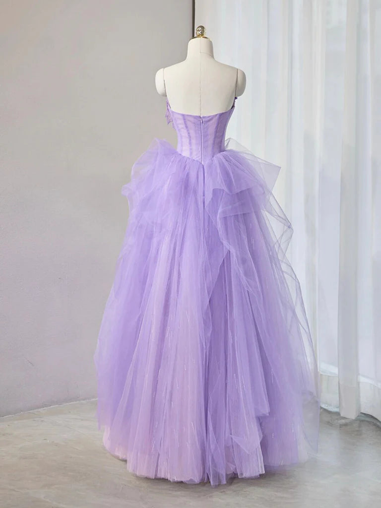 Quinceanera Dresses Princess Cute Prom Dress Tulle Purple Sweetheart Neck Tulle Applique Long Prom Dress Purple Long Sweet 16 Dress