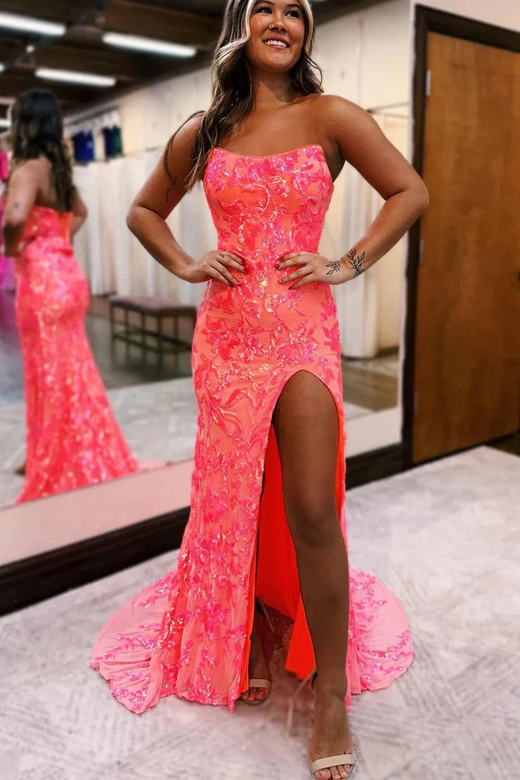 Mermaid Strapless Coral Sequins Long Prom Dress with Slit