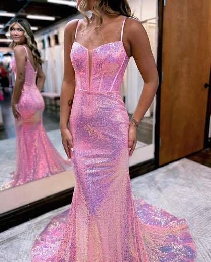 Sleek Glittering Sparkle Mermaid Sweetheart Pink Sequins Long Prom Dresses