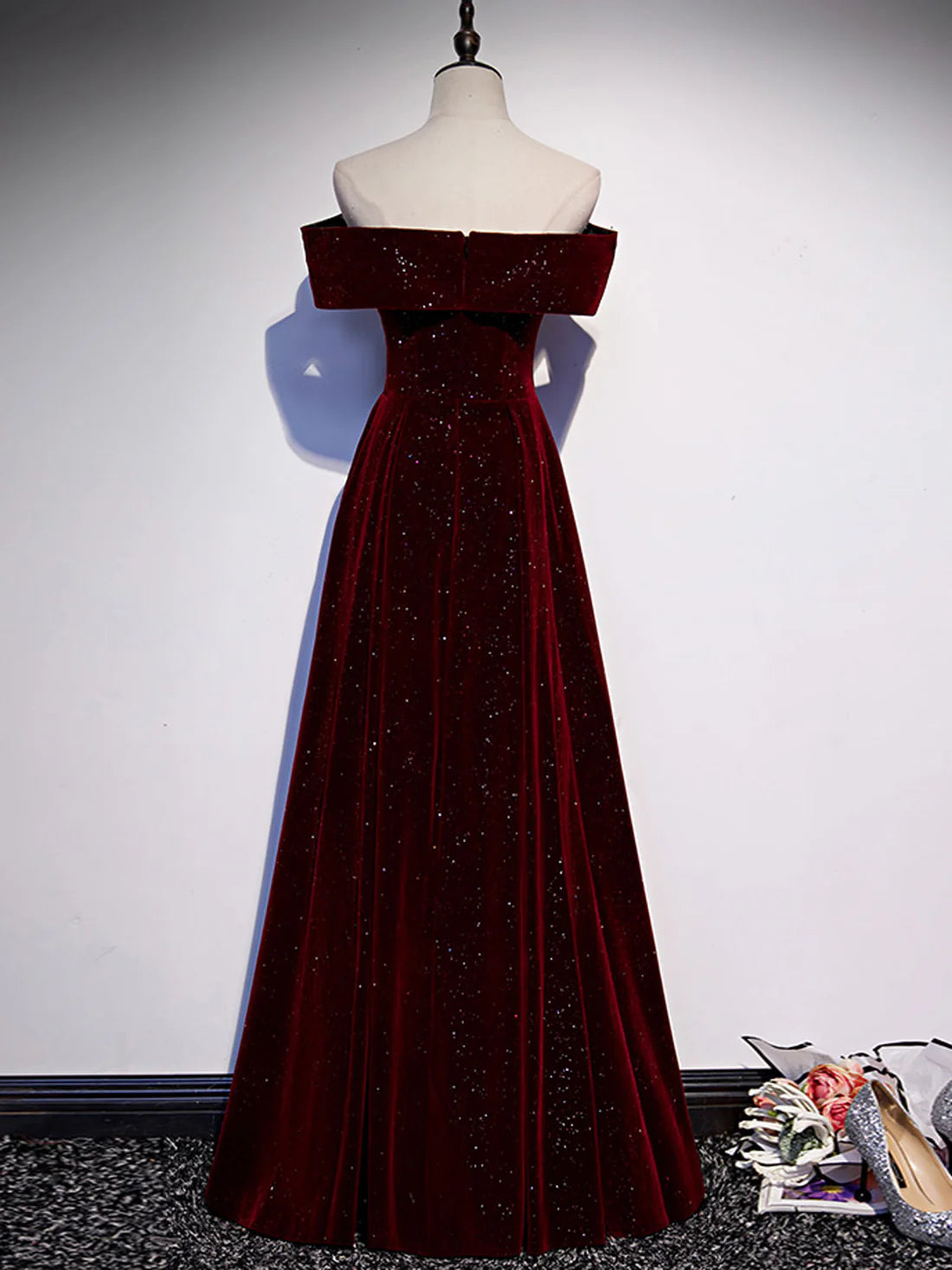 A-Line Off Shoulder Velvet Burgundy Long Prom Dress Bridesmaid Dress Formal Dresses