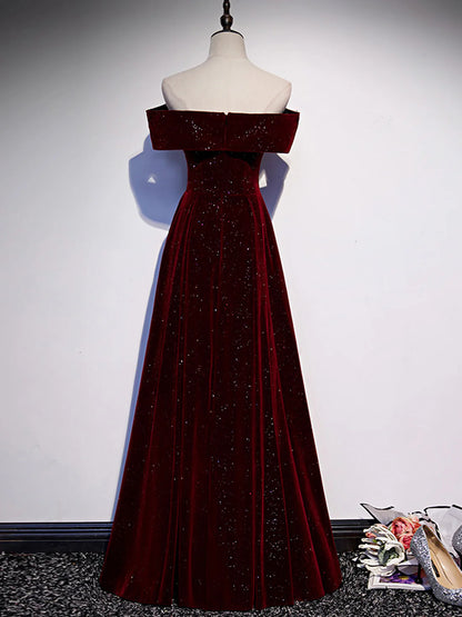 A-Line Off Shoulder Velvet Burgundy Long Prom Dress Bridesmaid Dress Formal Dresses