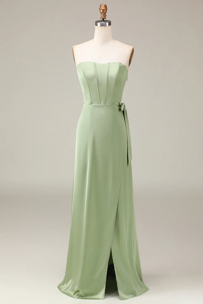 A-line Matcha Strapless Corset Satin Bridesmaid Dress with Slit