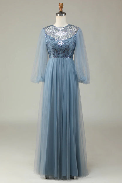 A Line Tulle Blue Sequin Long Sleeves Bridesmaid Dress