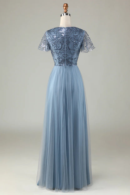 A-Line V Neck Short Sleeve Dusty Blue Bridesmaid Dress with Beading