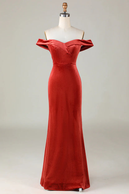 Sheath Velvet Off The Shoulder Terracotta Bridesmaid Dress