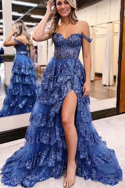 A Line Sweetheart Tulle Sequins Lace Prom Dresses with Slit Charming Evening Party Dress