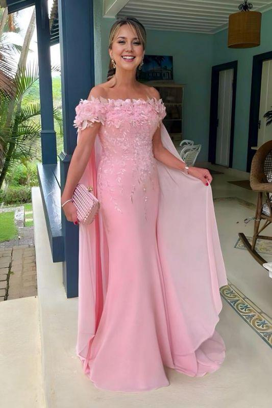 Sheath Mermaid Off-the-Shoulder Sweep/Brush Train Wedding Guest Dress Pink Chiffon Mother of the Bride Dress with 3D Flowers