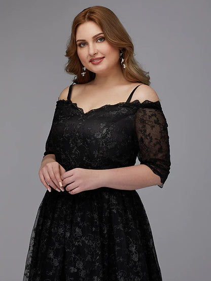 A-Line Plus Size Cocktail Party Prom Dress Spaghetti Strap Half Sleeve Asymmetrical Lace with Pleats Lace Insert