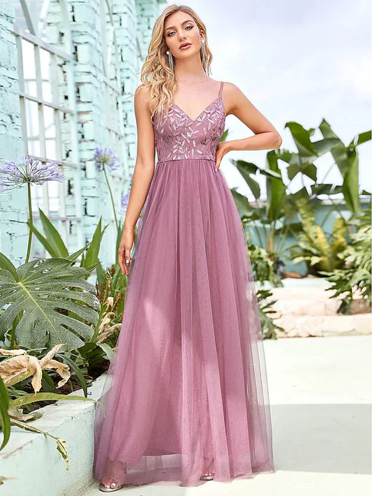 A-Line Spaghetti Strap Floor Length Tulle Sequined Bridesmaid Dress with Tier