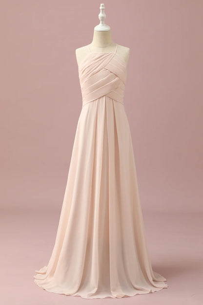 A-Line Halter Neck Criss Cross Chiffon Long Bridesmaid Dress