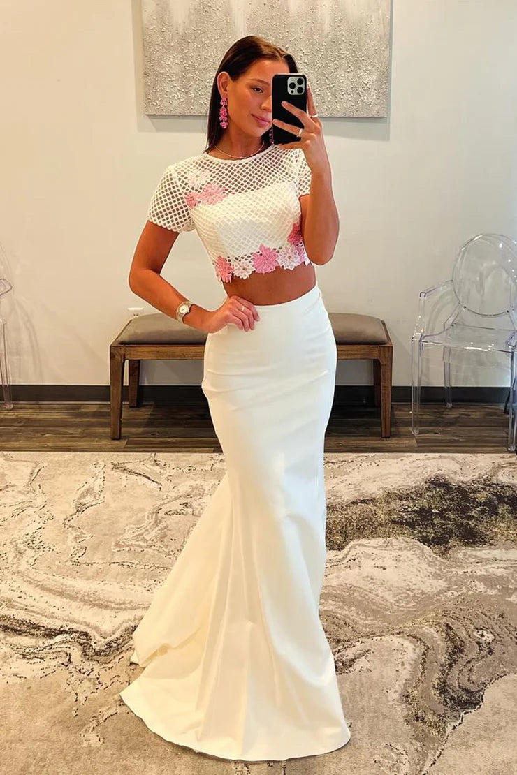 Two Piece Short Sleeve White Satin Long Prom Dress