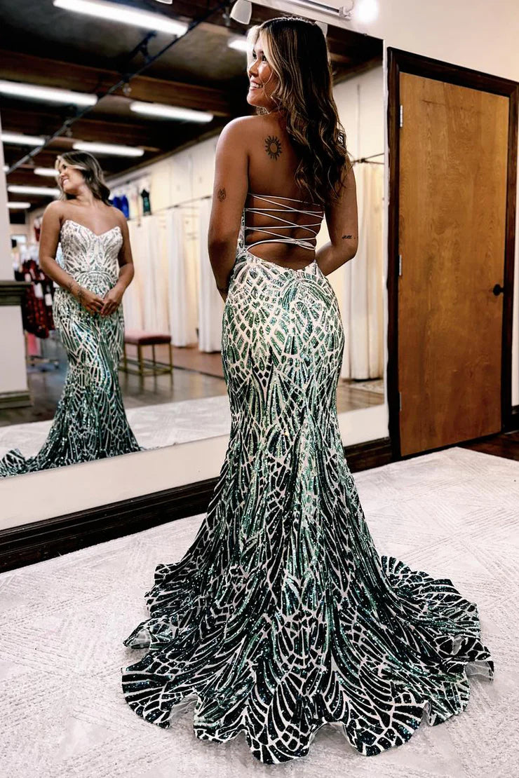 A Line Mermaid Strapless Long Prom Dress With Sequins