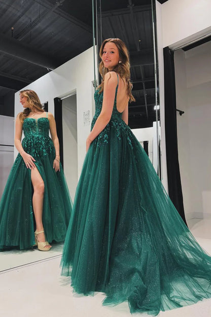 A Line Spaghetti Straps Green Tulle Prom Dress with Appliques