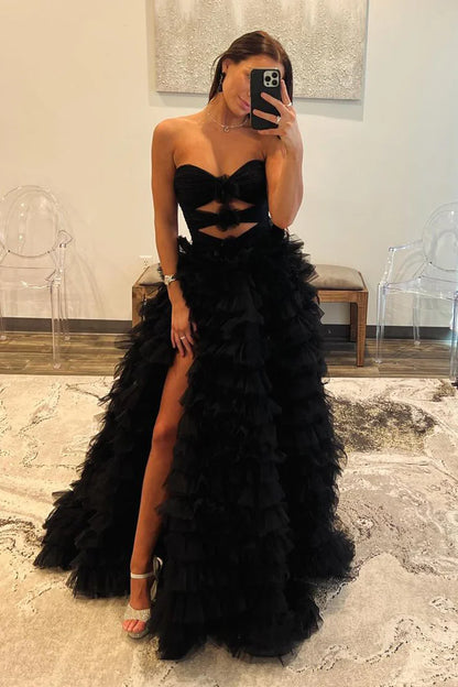 A-Line Strapless Black Tiered Tulle Long Prom Dresses with Flowers