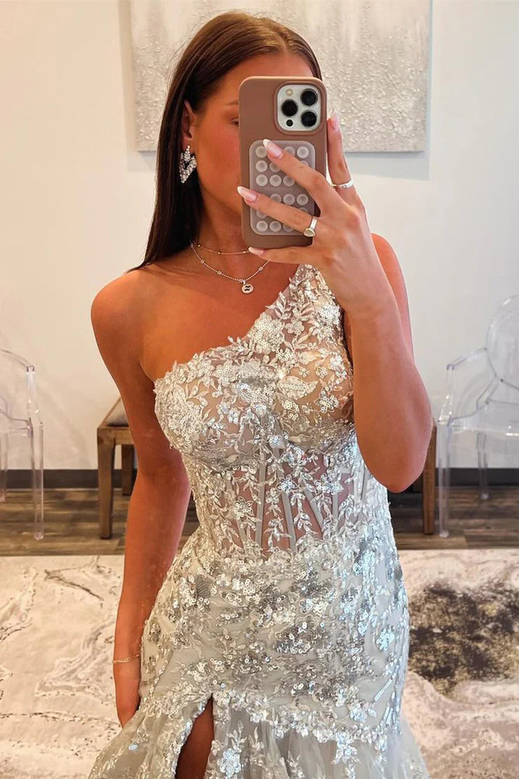 Mermaid One Shoulder Lace Sequins Layers Long Prom Dress with Slit Sexy