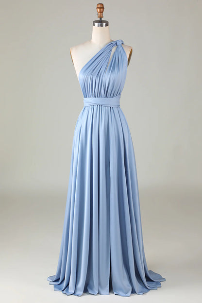 A Line Satin Pleated Multiple Dressing Methods Bridesmaid Dress with Slit