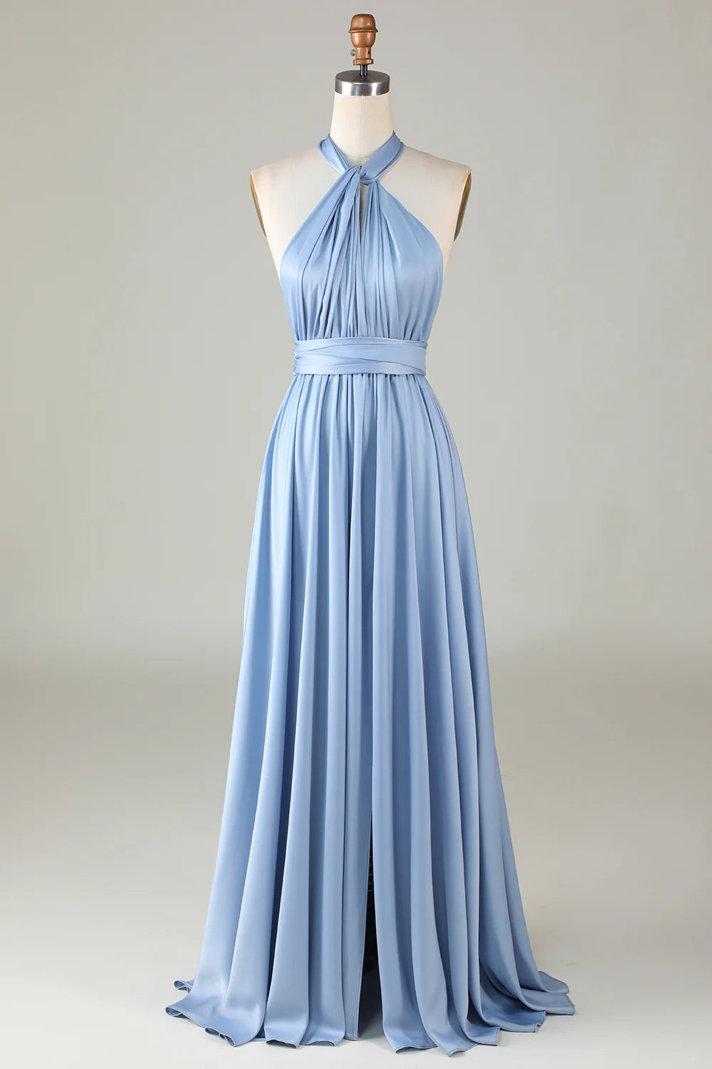 A Line Satin Pleated Multiple Dressing Methods Bridesmaid Dress with Slit