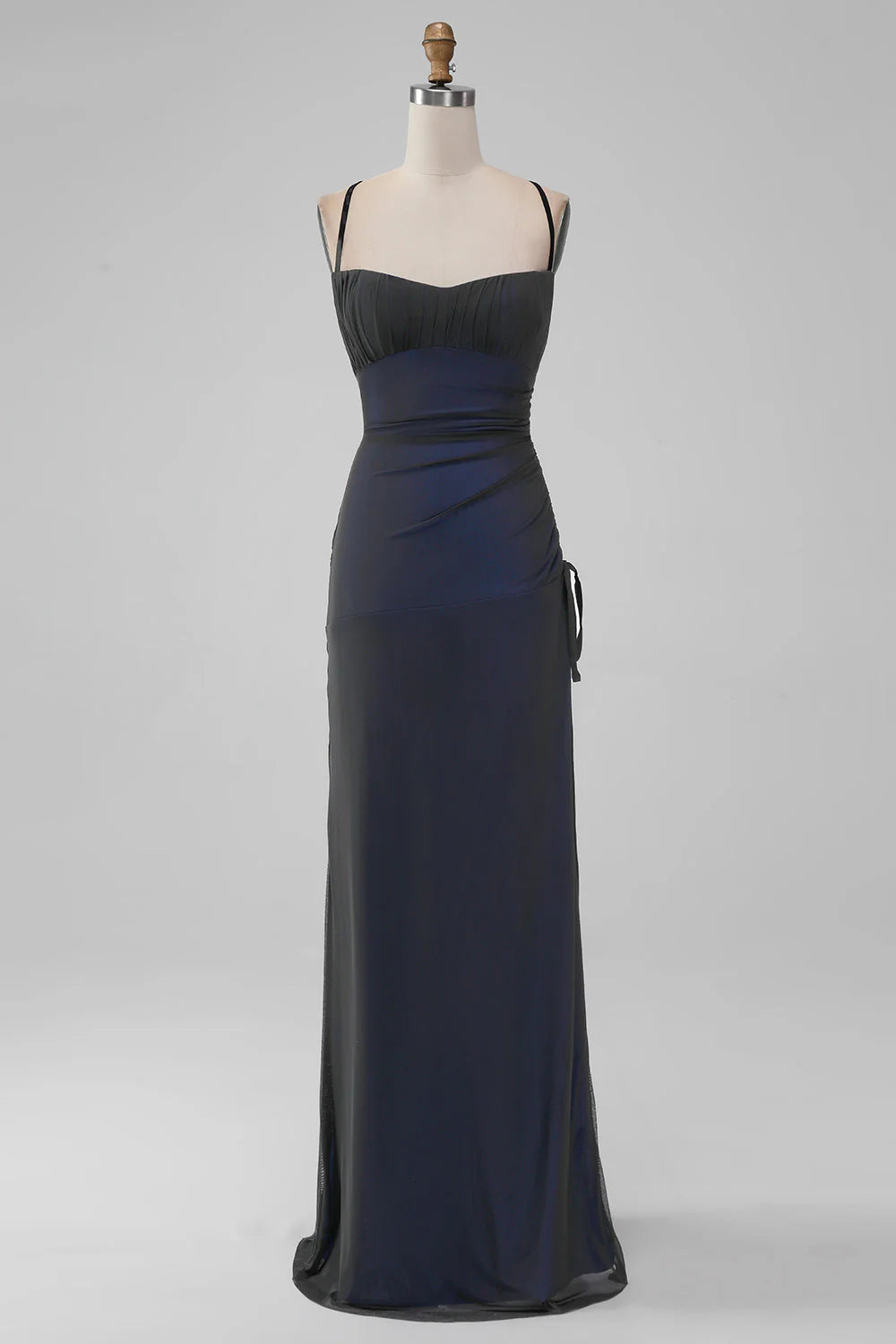 Mermaid Spaghetti Straps Satin Pleated Long Bridesmaid/Prom Dress with Slit Elegant Evening Party Dress