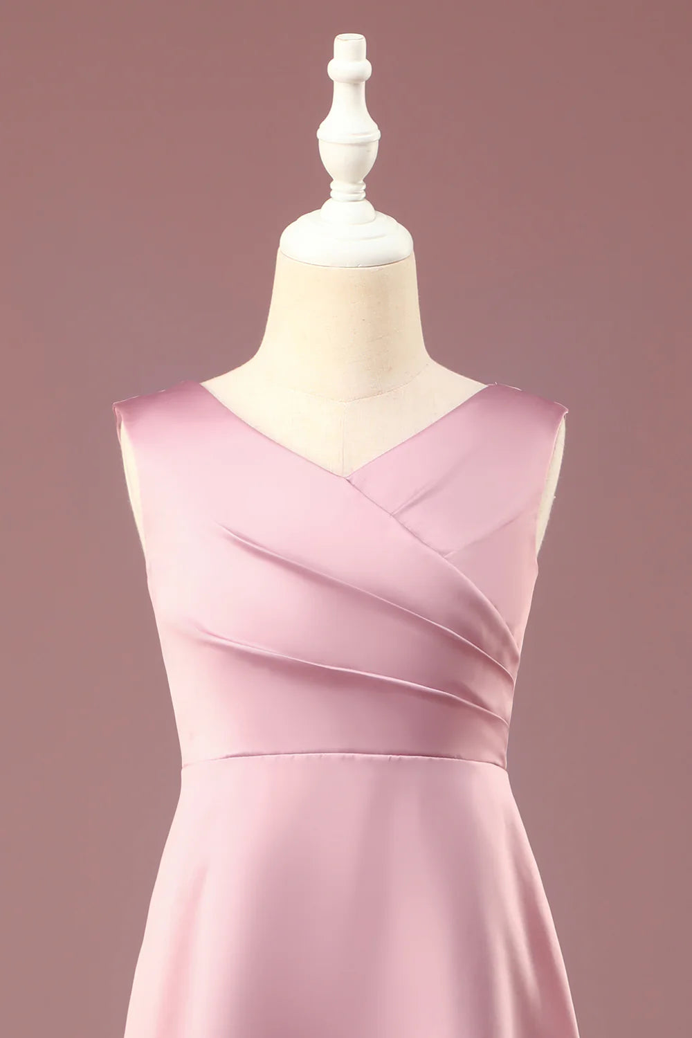 A-line Satin Pleated V-neck Long Junior Bridesmaid Dress