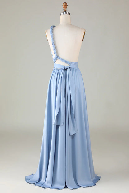 A Line Satin Pleated Multiple Dressing Methods Bridesmaid Dress with Slit