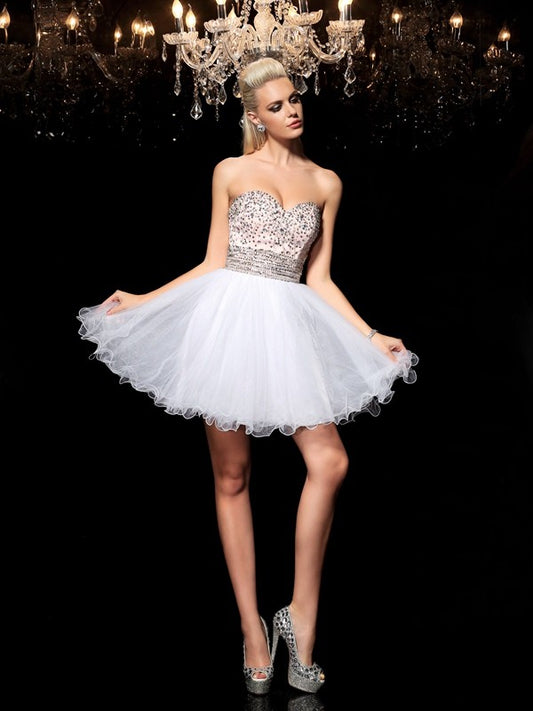 A-Line/Princess Sweetheart Beading Sleeveless Short Net Cocktail Dresses with Sequins