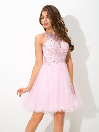 A-Line/Princess Sheer Neck Beading Sleeveless Short Net Cocktail Dresses Homecoming Dresses