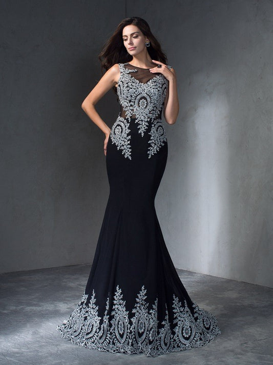 Trumpet/Mermaid Scoop Applique Sleeveless Long Chiffon Party Dresses Formal Dresses