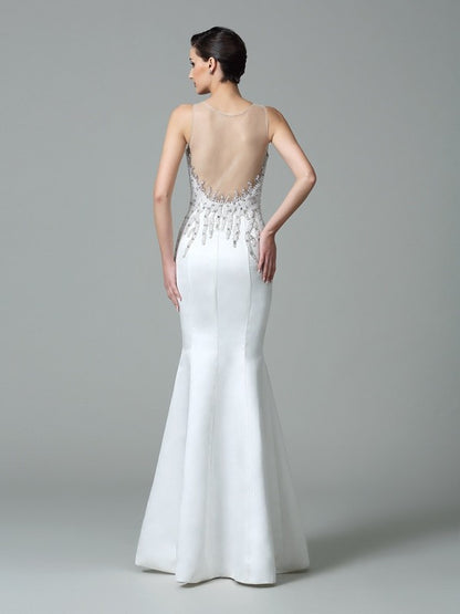 Trumpet/Mermaid Sheer Neck Applique Sleeveless Long Satin Dresses
