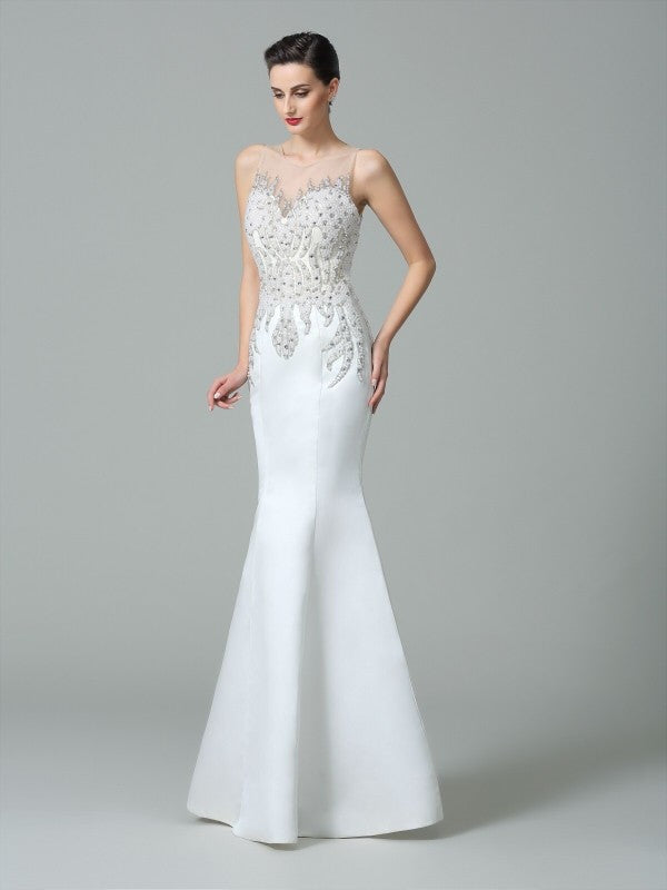 Trumpet/Mermaid Sheer Neck Applique Sleeveless Long Satin Dresses