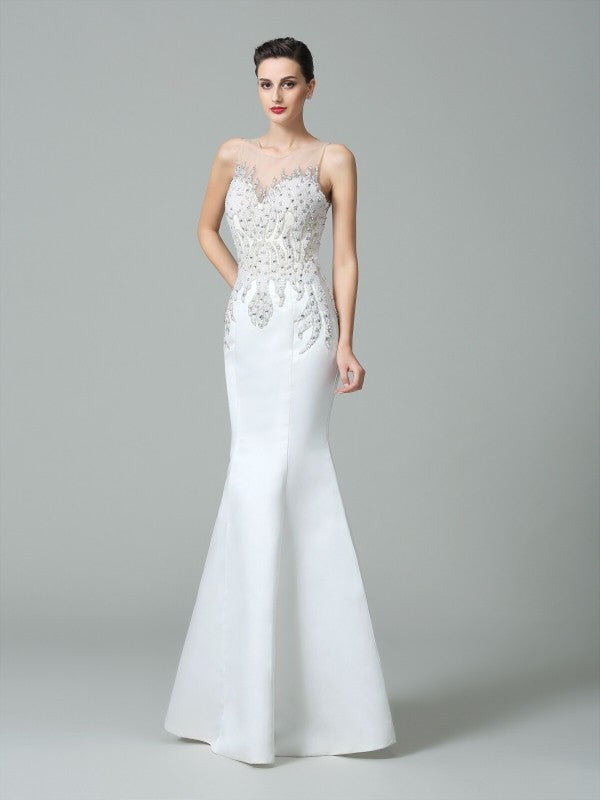 Trumpet/Mermaid Sheer Neck Applique Sleeveless Long Satin Dresses