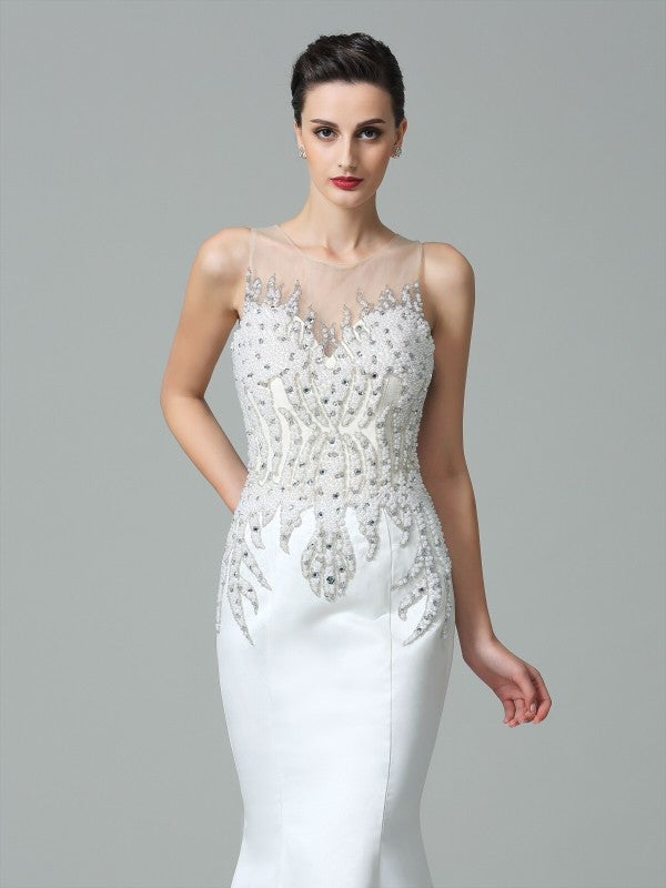 Trumpet/Mermaid Sheer Neck Applique Sleeveless Long Satin Dresses