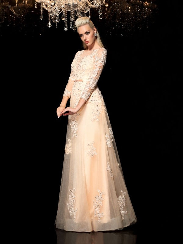 A-Line/Princess Sheer Neck Applique Long Sleeves Long Satin Dresses
