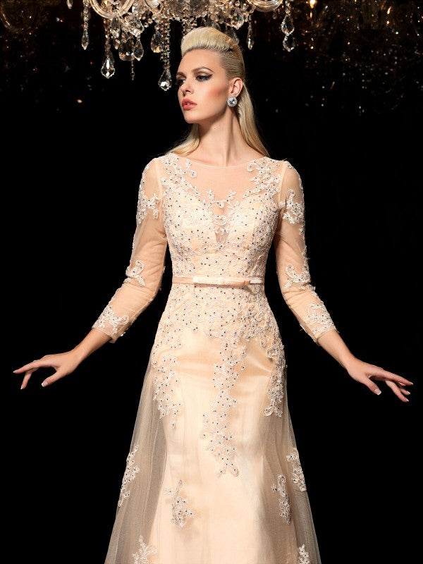 A-Line/Princess Sheer Neck Applique Long Sleeves Long Satin Dresses