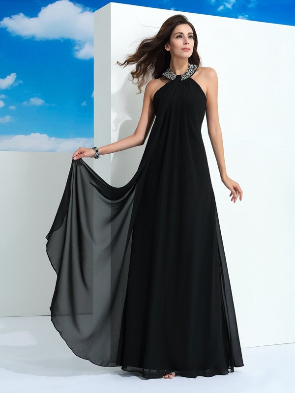 A-Line/Princess Halter Beading Sleeveless Long Chiffon Dresses