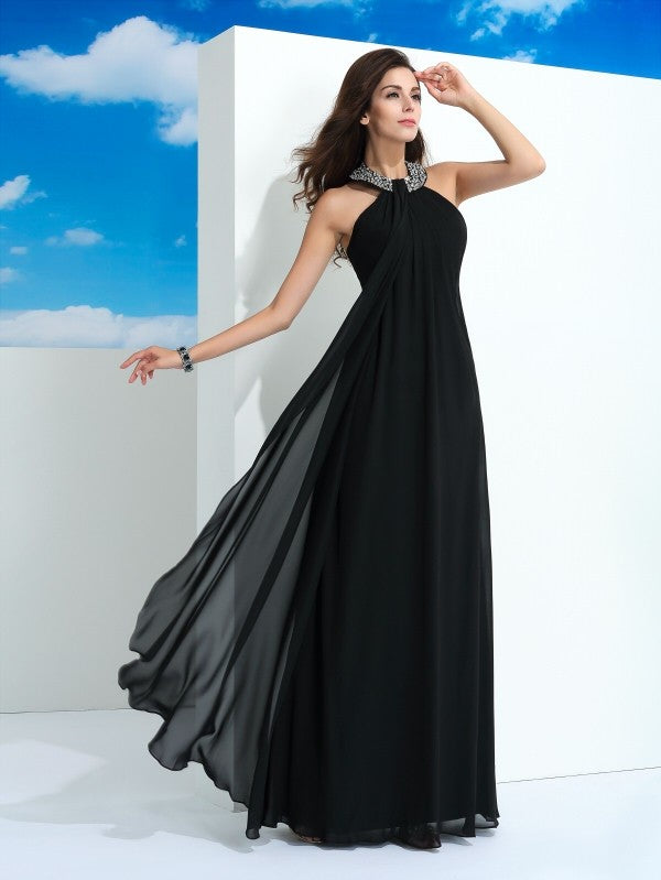 A-Line/Princess Halter Beading Sleeveless Long Chiffon Dresses