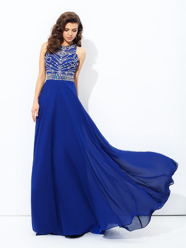 A-line/Princess Scoop Beading Sleeveless Long Chiffon Party Dresses Formal Dresses