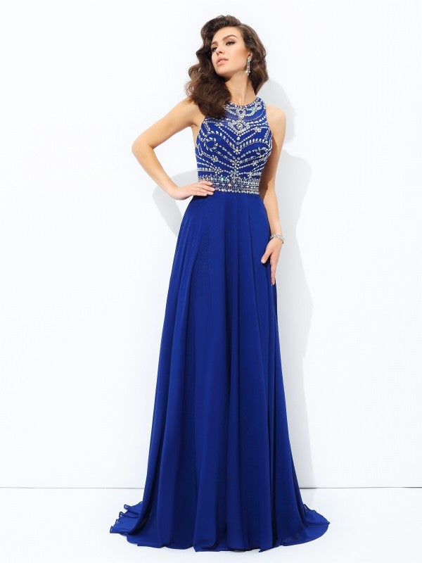 A-line/Princess Scoop Beading Sleeveless Long Chiffon Party Dresses Formal Dresses