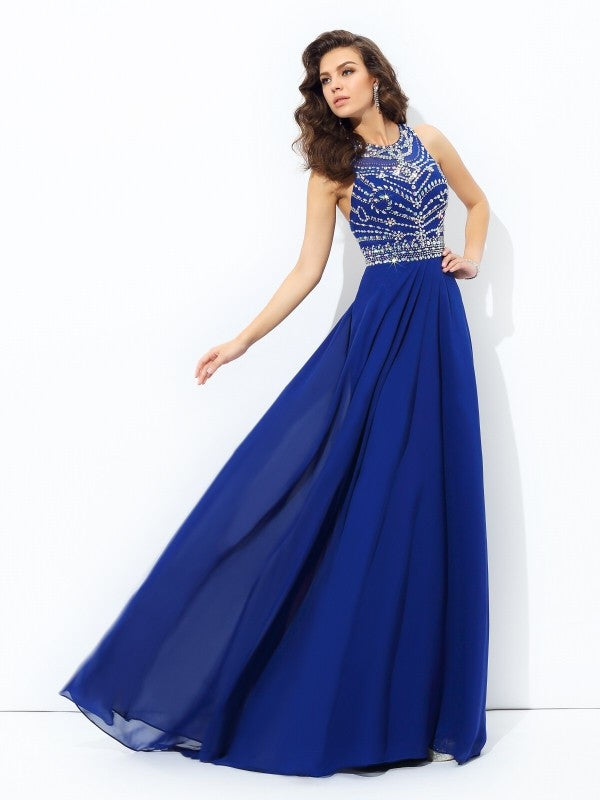 A-line/Princess Scoop Beading Sleeveless Long Chiffon Party Dresses Formal Dresses