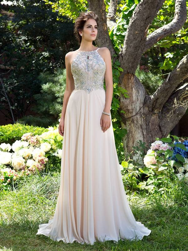 A-Line/Princess Spaghetti Straps Beading Sleeveless Long Chiffon Party Dresses Formal Dresses